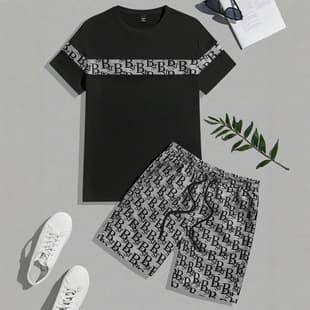 2025 Summer New Men's Fashion T-Shirt and Shorts Set Waffle Knit Sport Casual