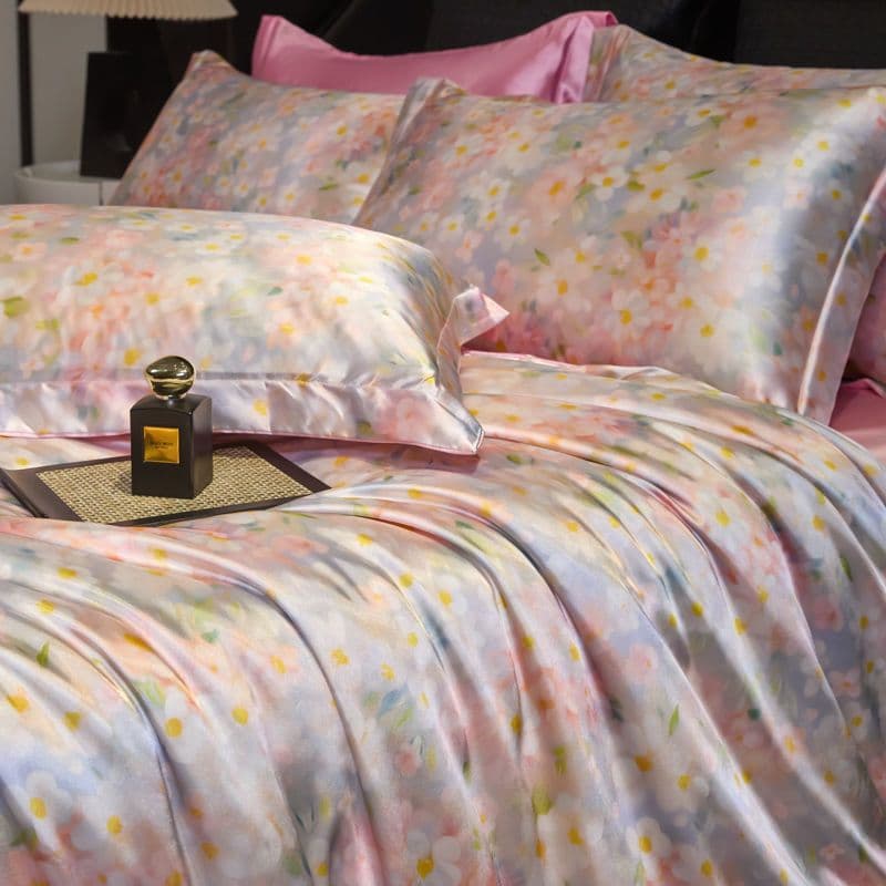 Heavy Print Washed Silk 4-Piece Bedding Set, Double-Sided Silk Satin Duvet Cover, Bare Sleep Fitted Sheet, Bed Sheet Style Bedding