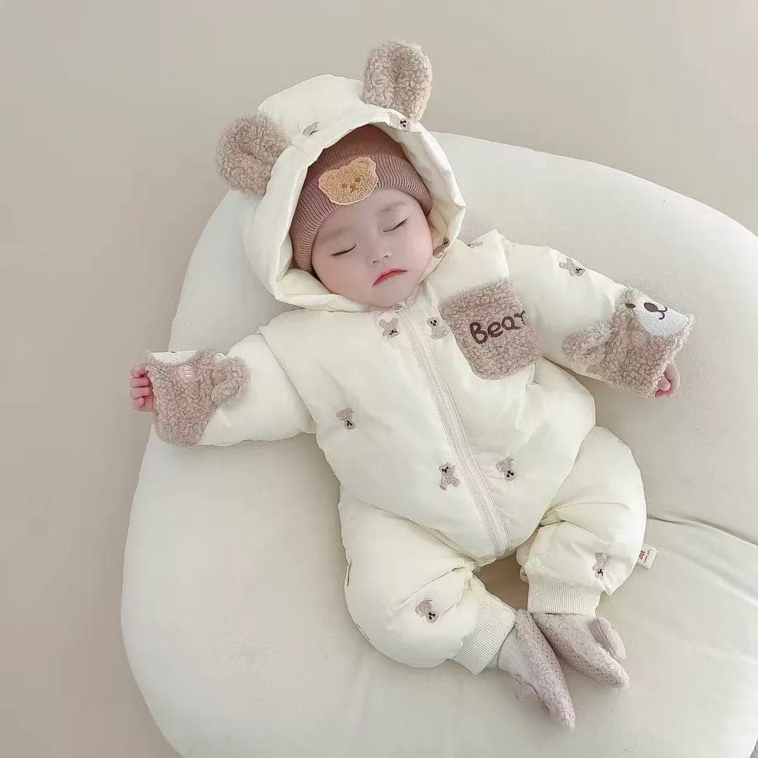 Thickened Cotton Padded Winter Outfit for Babies And Toddlers with Hat Romper Jumpsuit Unisex Long Sleeve Zipper Casual Style