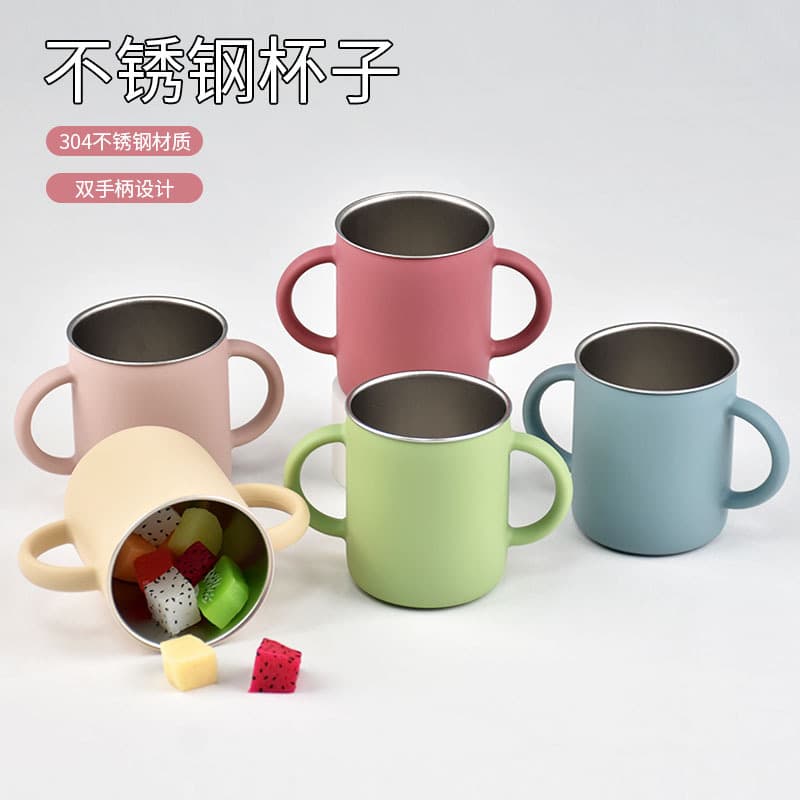New 304 Stainless Steel Water Cup for Kids with Dual Handles, Straight Drinking Cup, Portable Outdoor Sports Cup, Rinse Cup