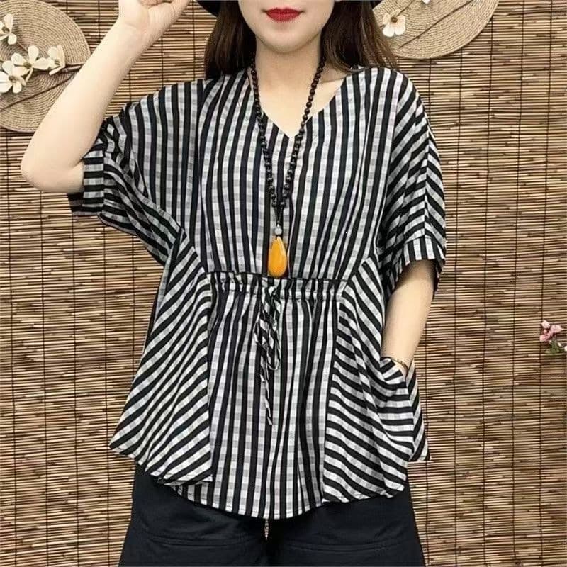 New Summer Plaid Blouse Slimming Fashionable Skin-Friendly Top Plus Size Women Stylish Plaid Shirt
