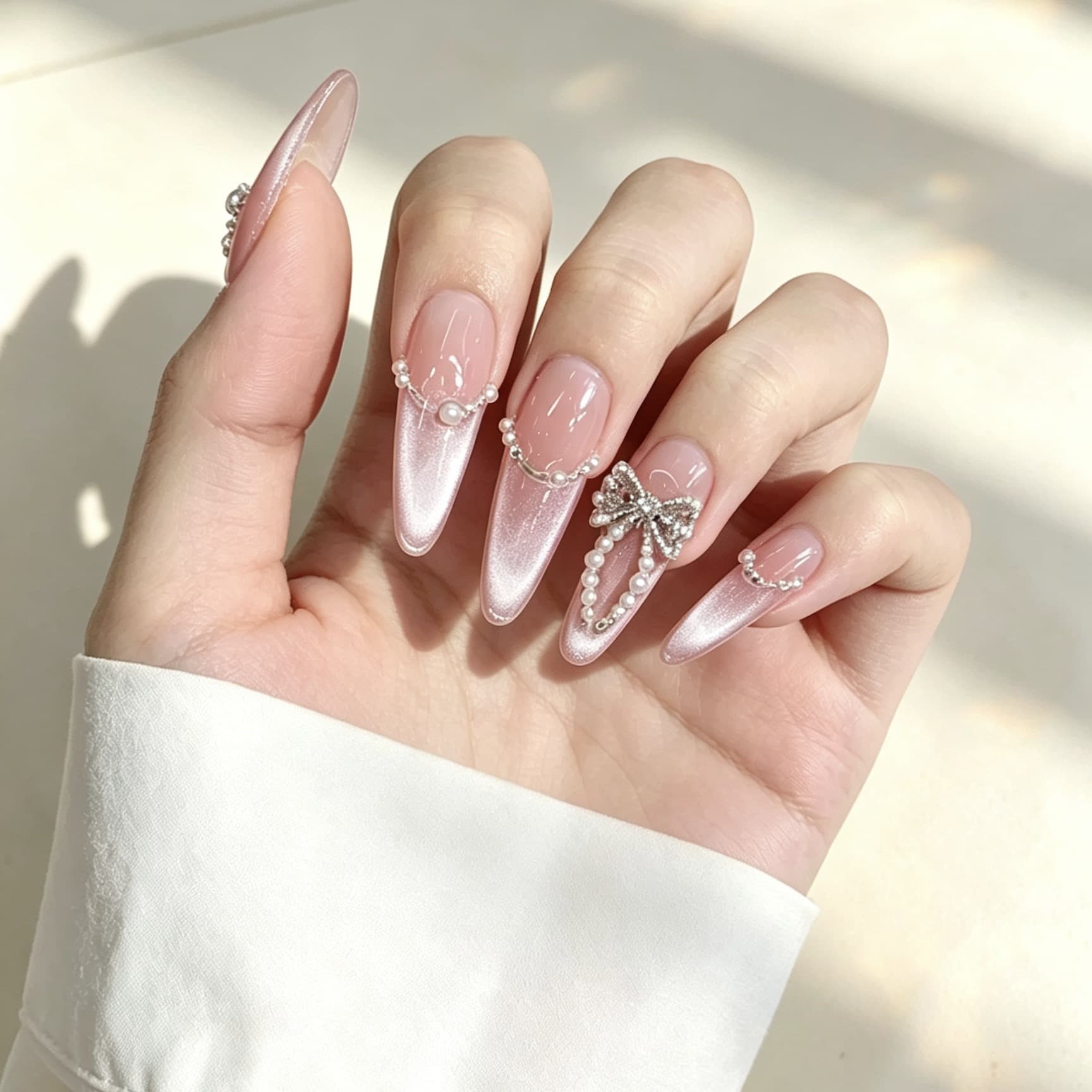 Daiyueda Handmade Pure Desire Blush Fairy Pink Matte Butterfly Bow Long Style Whitening Press-On Nails
