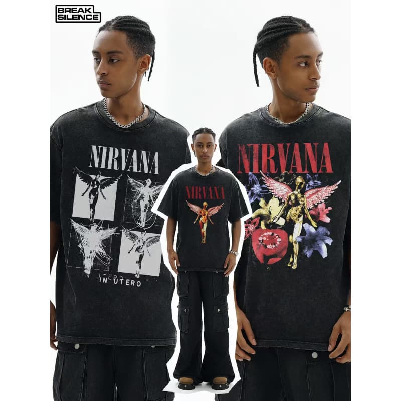 Nirvana Band Rock Nirvana Cobain American-Style Vintage Washed Loose T-Shirt for Men