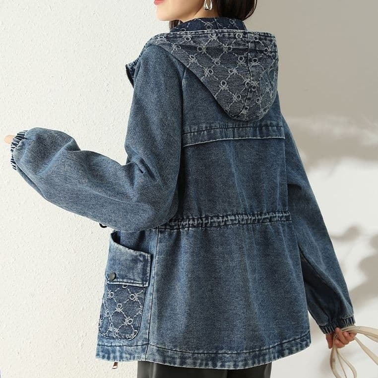 Waist-cinching Denim Short Jacket for Women, Spring/Autumn Fashion, Korean Style, Loose Fit, Plus Size, Hooded Denim Jacket, Casual Coat