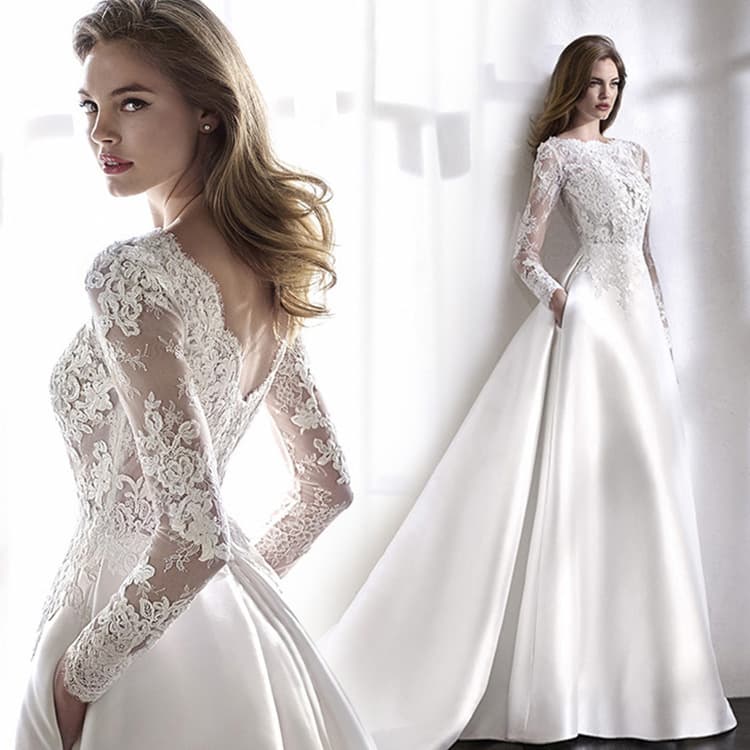 New Wedding Dress Lace Long Sleeve Satin European American Amazon AliExpress Wish Light Veil Slimming Wedding Gown