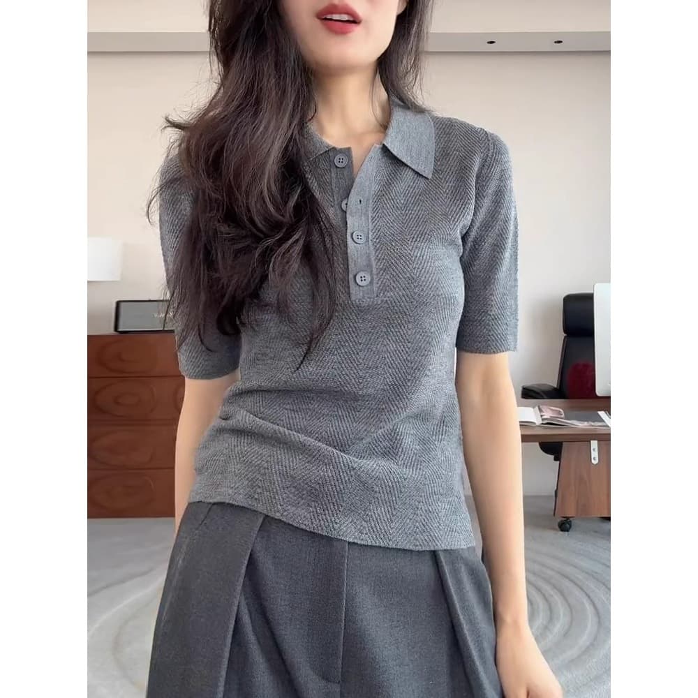 Gray Polo Collar Short Sleeve Knit Top Women's 2026 Summer New High-End T-Shirt Versatile Slimming Top