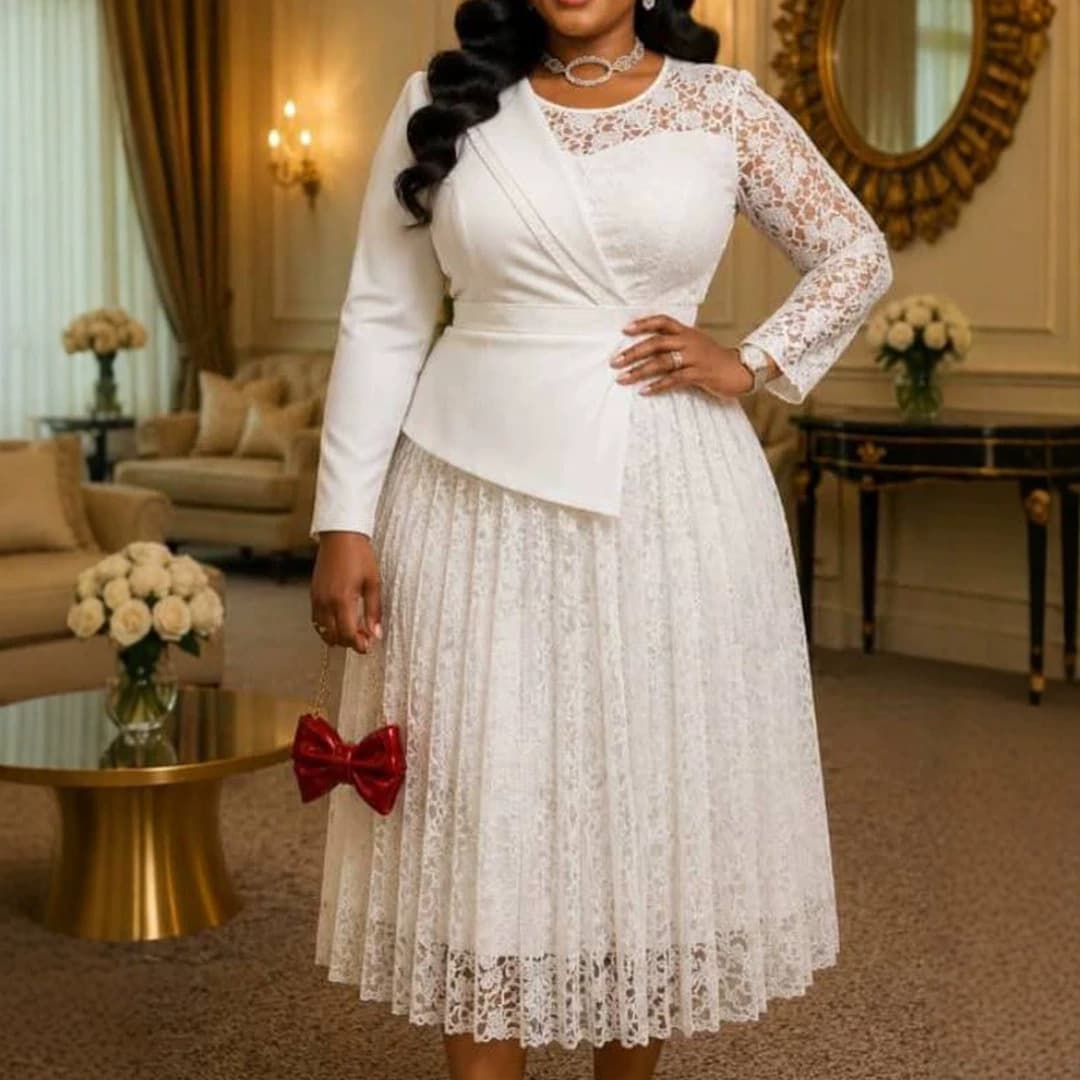Plus size women's white lace patchwork dress long-sleeved waist pleated mid-length skirt banquet wedding dress
