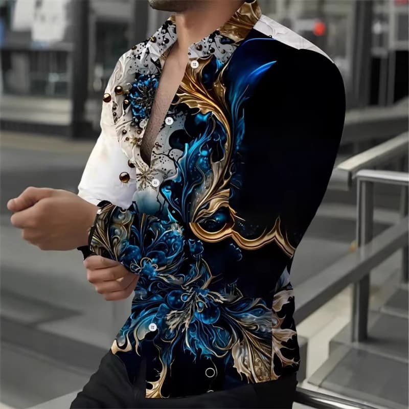 2025 Men's Shirt Fashion Retro Street Texture Print Shirt Men's Long Sleeve Turn-down Collar Shirt