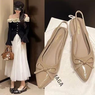 New Summer Closed-Toe Wedge Pointed-Toe Women's Shoes, French Versatile Bow Medium-Low Heel Open-Toe Sandals for Outdoor Wear