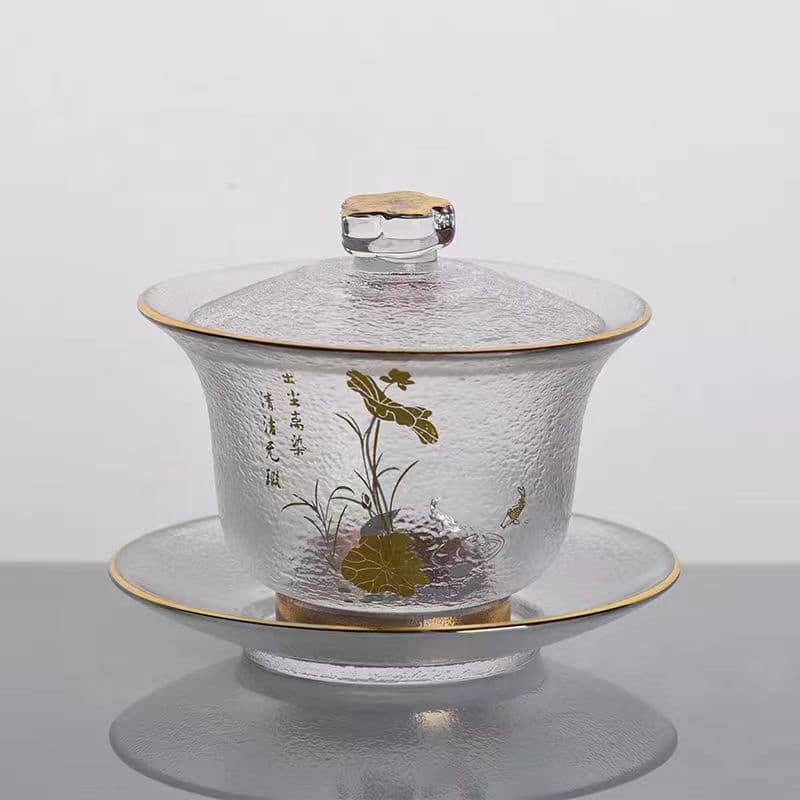 Japanese Style Heat-Resistant Hammered Glass Gold Rim Tea Brewing Gaiwan Set, Tea Cups, Sancai Gongfu Fairness Cup, Tea Serving Bowl Wholesale
