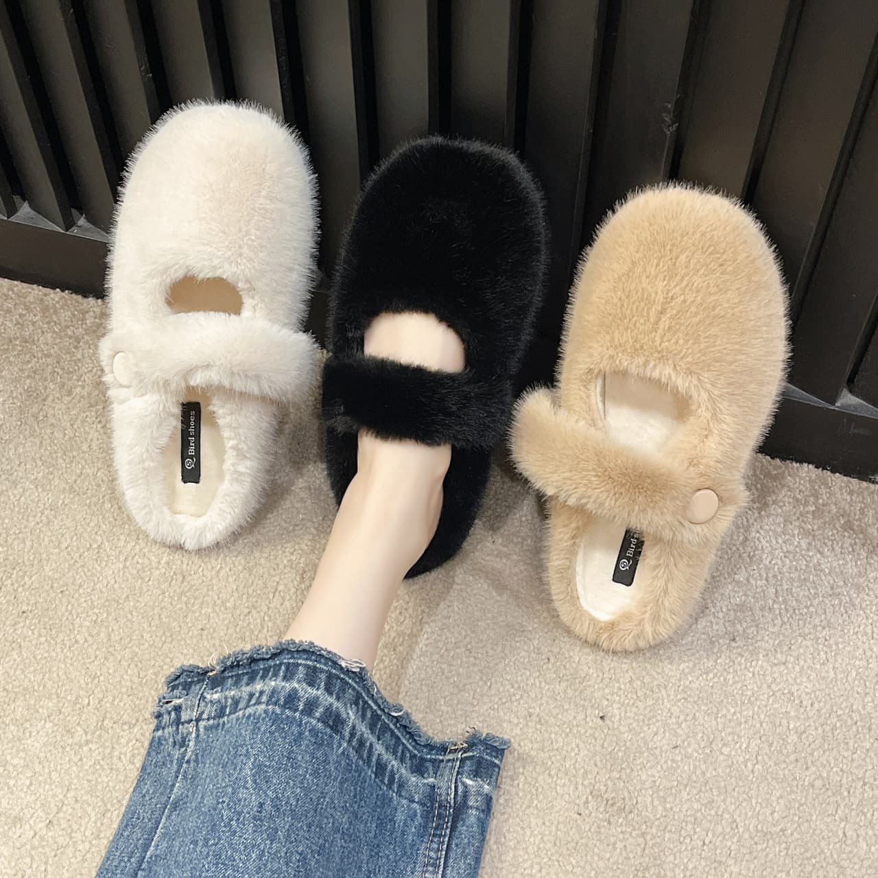 Women's Fleece-Lined One-Foot Slippers New Style Autumn/Winter 2024 Outer Wear Half Drag Shoes Comfortable Leisure Slippers