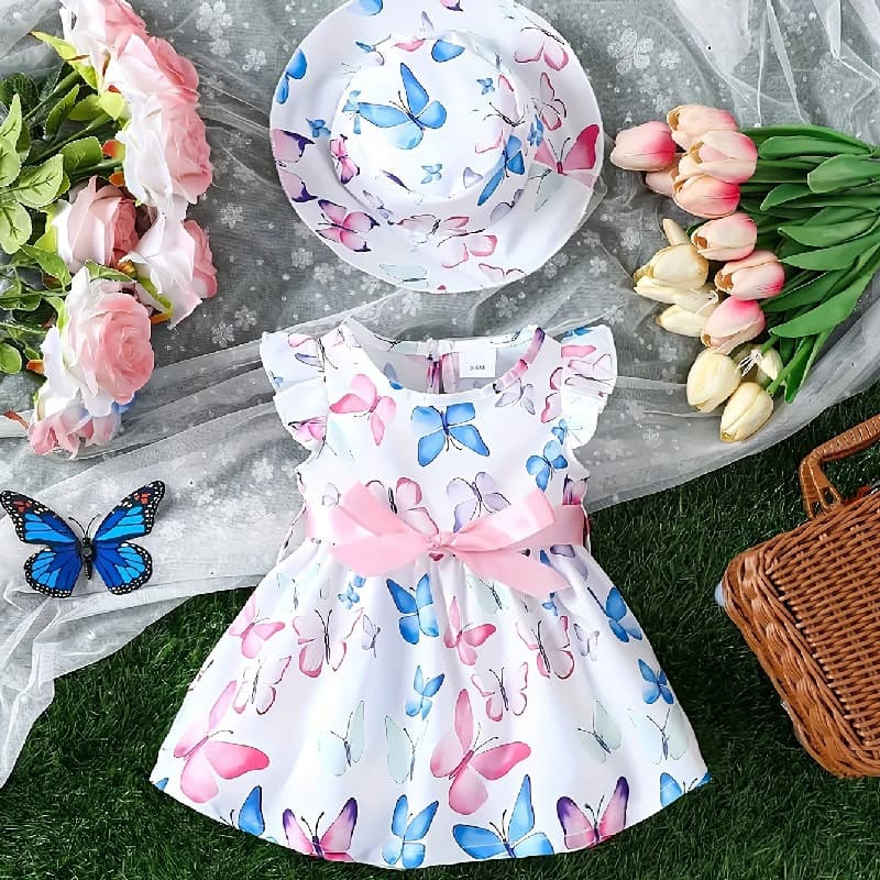 Girl's Butterfly Print Dress and Hat Set - Adorable Flutter Sleeve Outfit for Toddler Holiday Wear