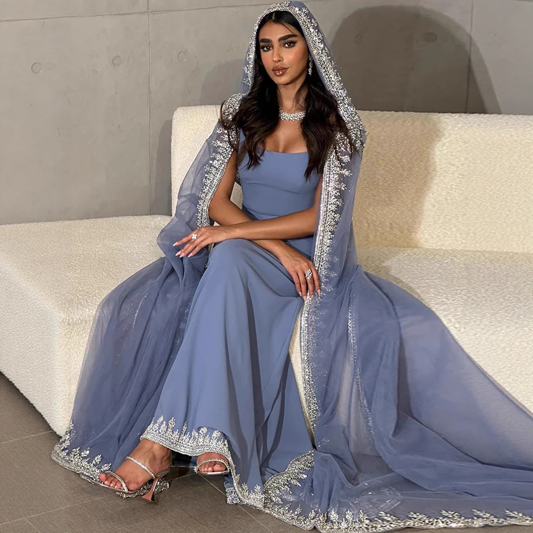 2025 Blue Lace and Rhinestone Patchwork Loose Women's Dress