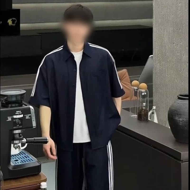 Summer New American-Style Thin Striped Casual Simple Trendy Versatile Short-Sleeve Shirt and Long Pants Set for Men
