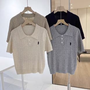 2025 Summer New Embroidered Short Sleeve Polo Collar Gray Knit Top for Women, Spring/Summer Vintage Cable Knit Versatile Blouse