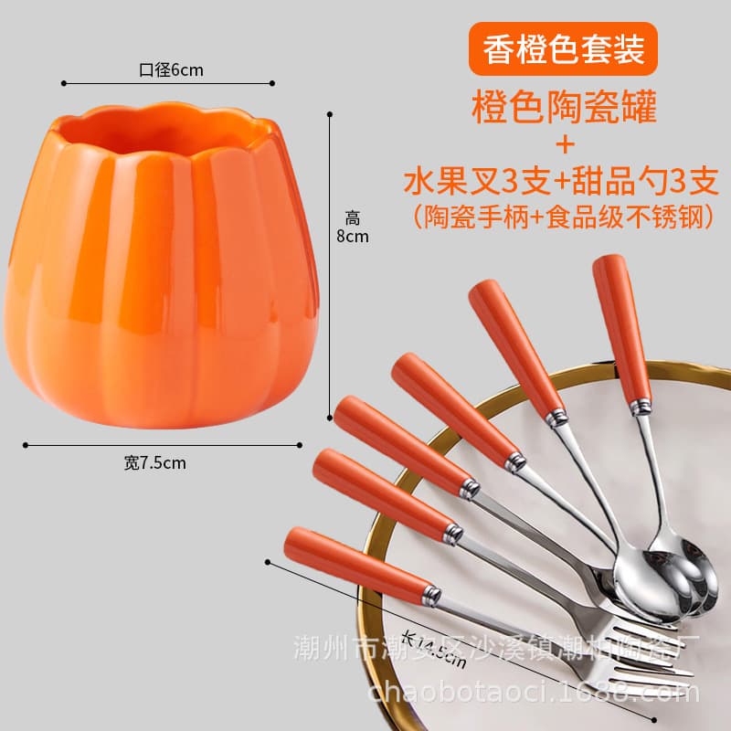 Stainless Steel Fruit Fork Set with Light Luxury Ceramic Storage Jar, Fruit Picks, Home Use Watermelon Fork, High-End Fork and Spoon