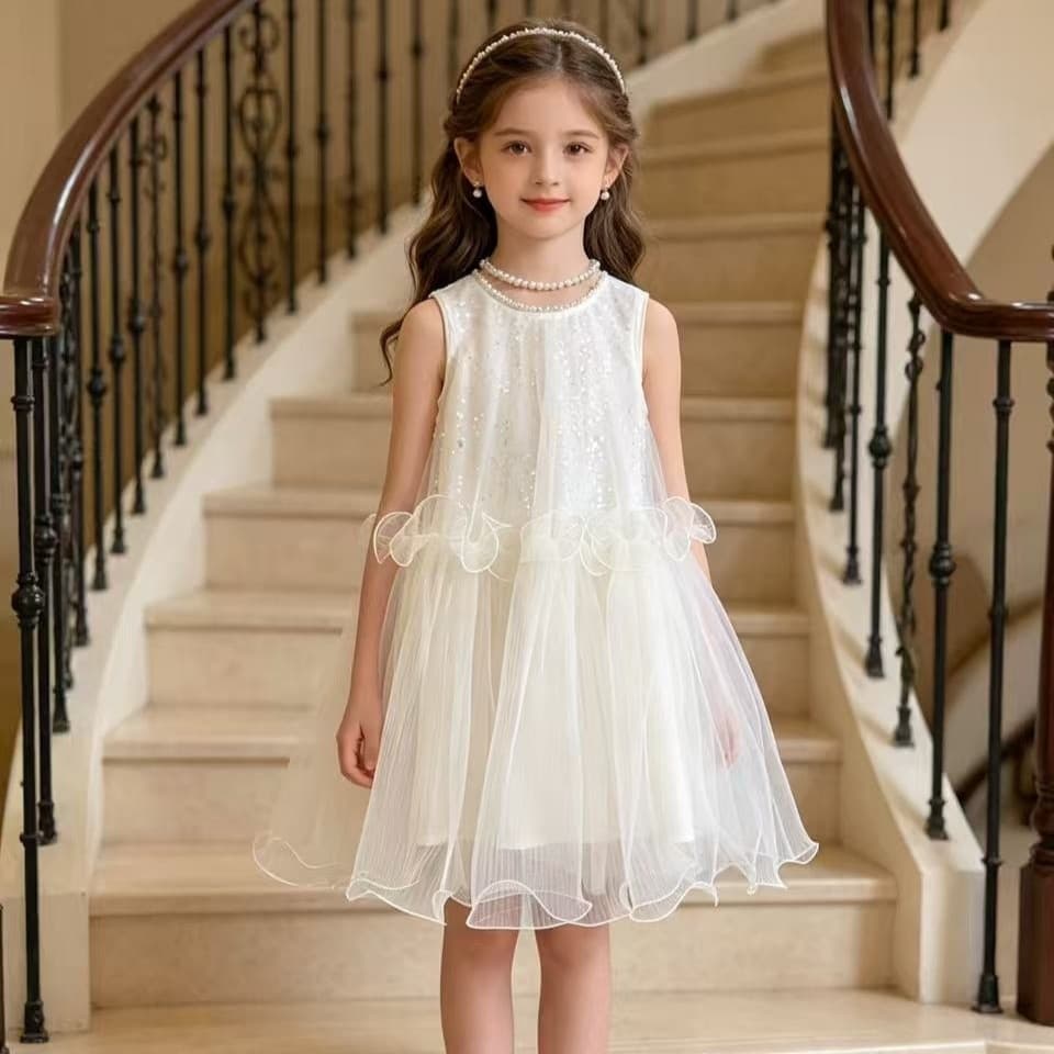Girls 2026 New Summer Sleeveless Wave Hem Sequin Tulle Dress Children Sweet Birthday Party Gown