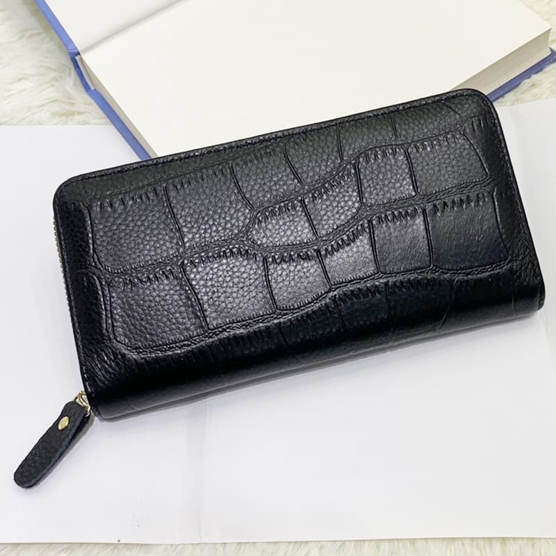 Genuine Leather Long Wallet Top Layer Cowhide Men's Women's Billfold Wallet Multi-Compartment Money Clip Phone Wallet Zipper Style