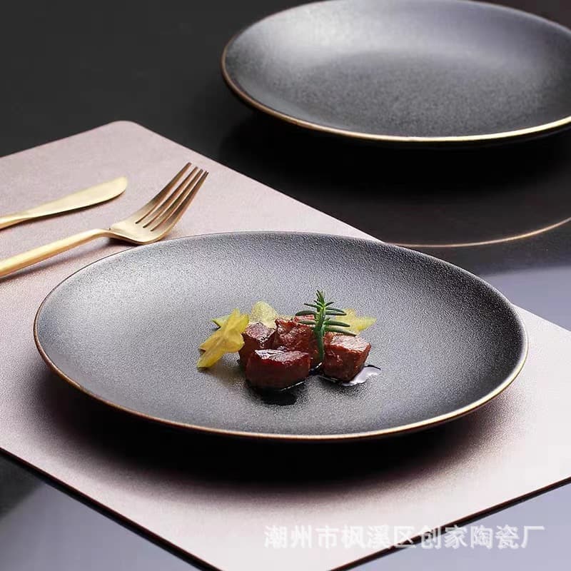 Hot-selling black matte steak plate, Western food tableware, hotel plate, high-end restaurant wholesale, creative Western food plate