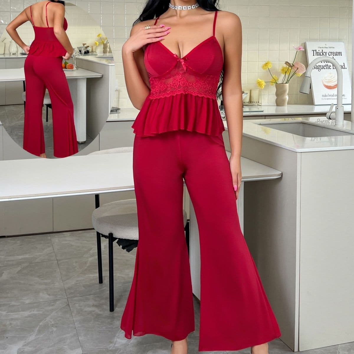 Sexy Lace See-Through Slip Dress Lingerie Set with Long Pants, Hot Cross-Border Best Seller