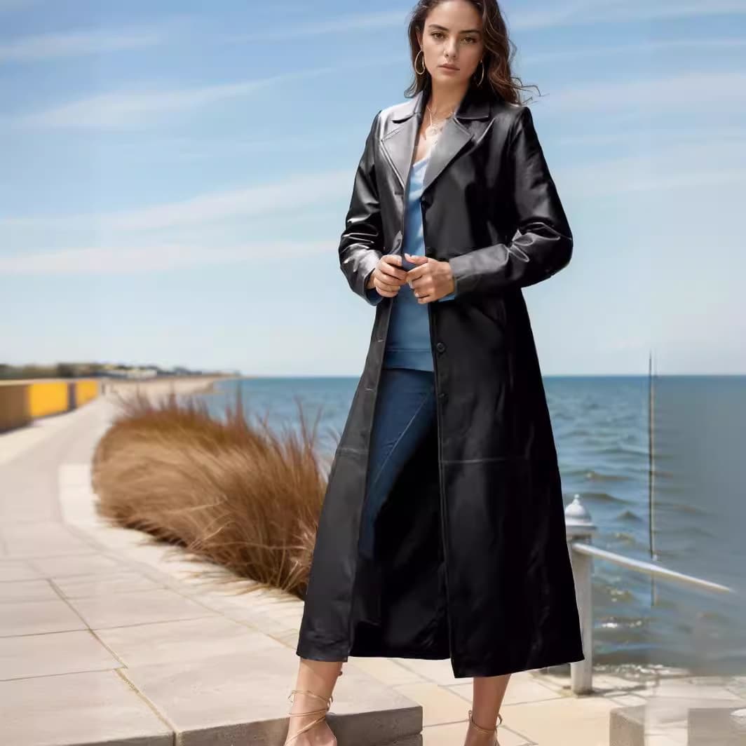 New Cross-Border European and American Women's Button Leather Coat Long Trench Coat Slim Fit Plus Size Leather Trench Coat