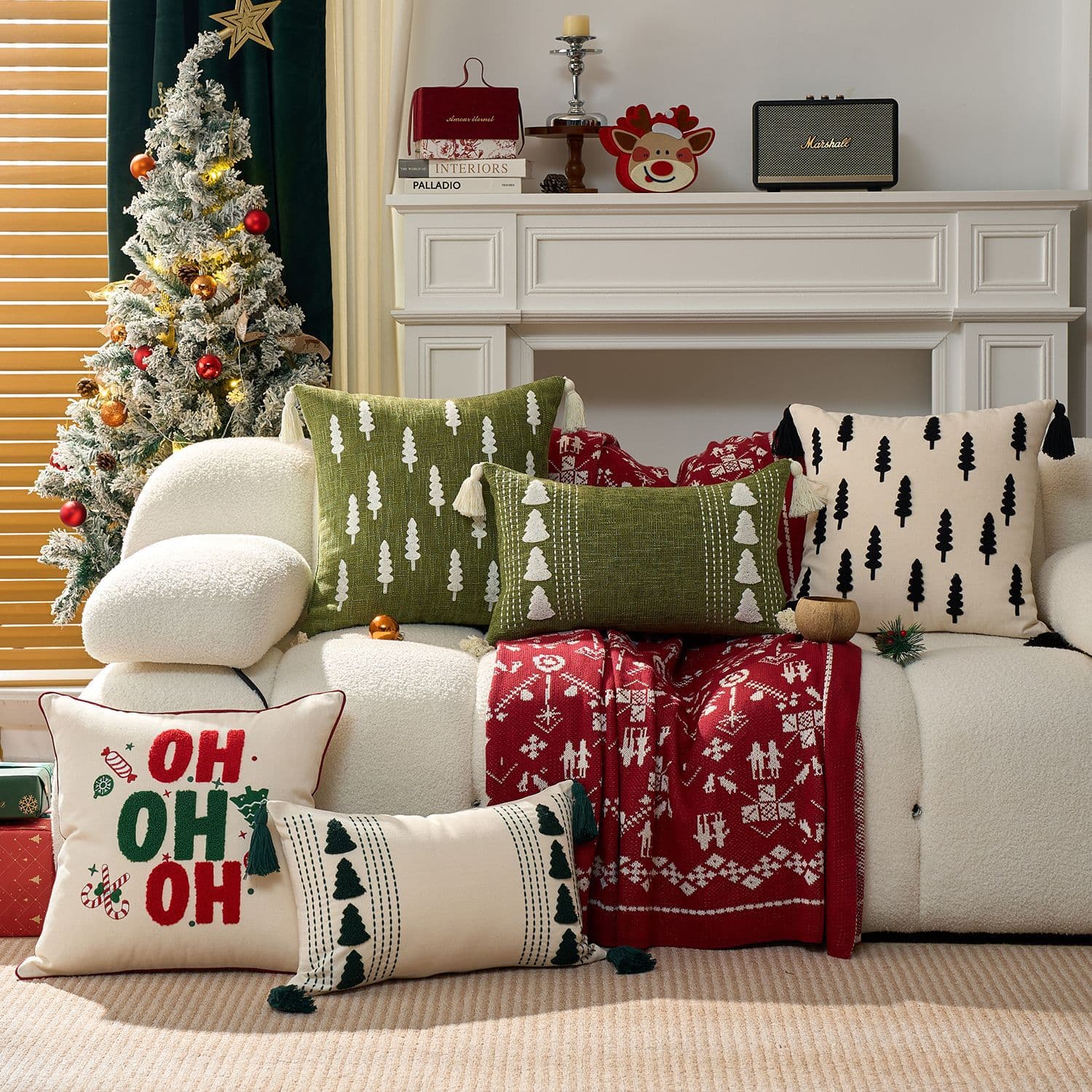 Amazon Cross-Border Christmas Pillow Cover, Black and White Tassel Embroidered Canvas Christmas Tree Cushion Cover