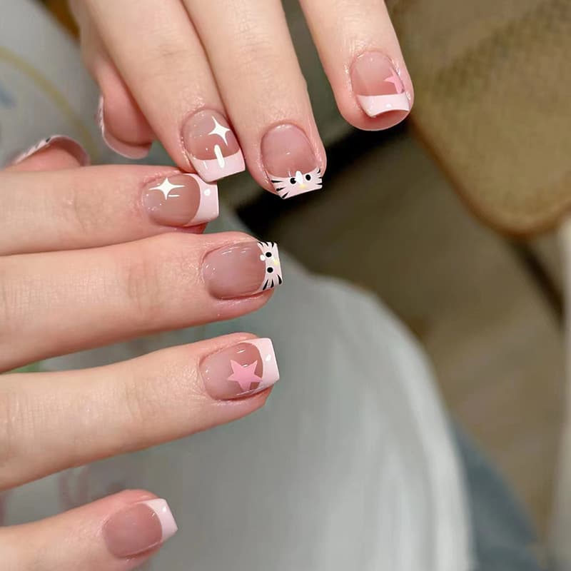 2023 New French Style Ice-Transparent Sweet and Cool Cartoon Star Student Press-On Nails, Detachable Finished 24-Piece Box Set