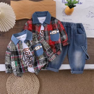 Boys' Spring/Fall Outfit Set, 2026 New Kids' Plaid Shirt Long Sleeve, Stylish Handsome Baby 2-Piece Set Wholesale Trendy