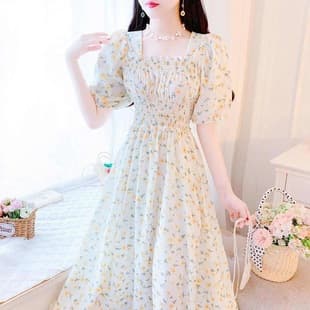 Cross-Border Plus Size Tea Dress French Dress for Women Summer New Style Fairy Dress Temperament Square Neck Super Fairy A-Line Skirt