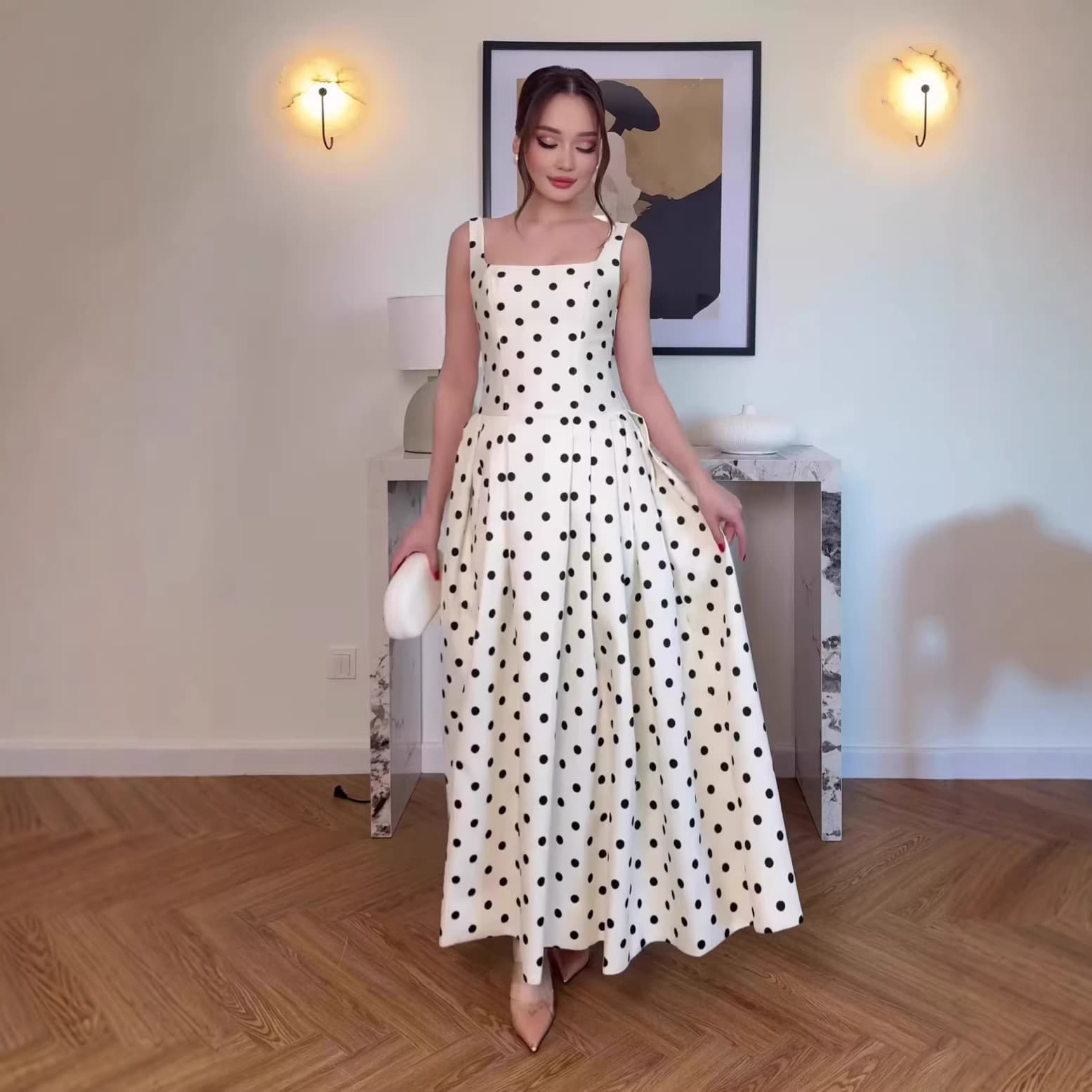Elegant long dress 2026 European and American Amazon foreign trade women's polka dot suspender long elegant and sweet dress