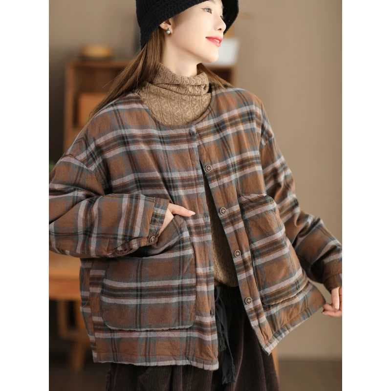 In Stock Winter Retro Sand-Washed Linen Padded Coat Woven Check Thickened Cotton Jacket Warm Cotton Coat