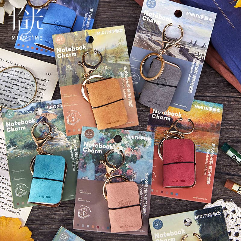 Time Collection PU Soft Leather Mini Journal Monet Impression Series Keychain Charm Bean Book Portable Notepad