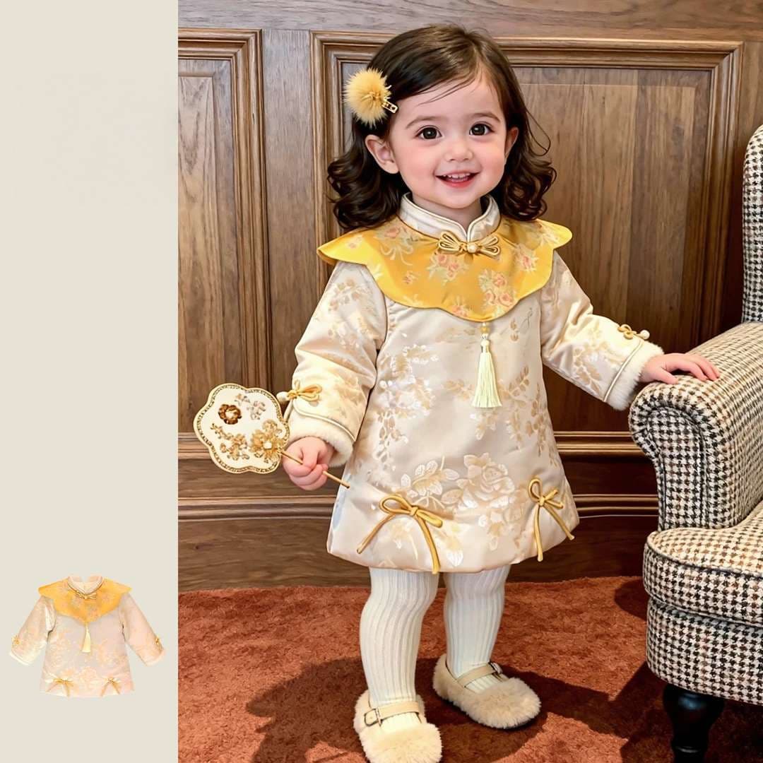 Tian Xiaosi - Girls Chinese Style Dress, One-Year-Old Ceremony Wear, 2026 New Winter Toddler Baby Girl New Year Outfit, Trendy