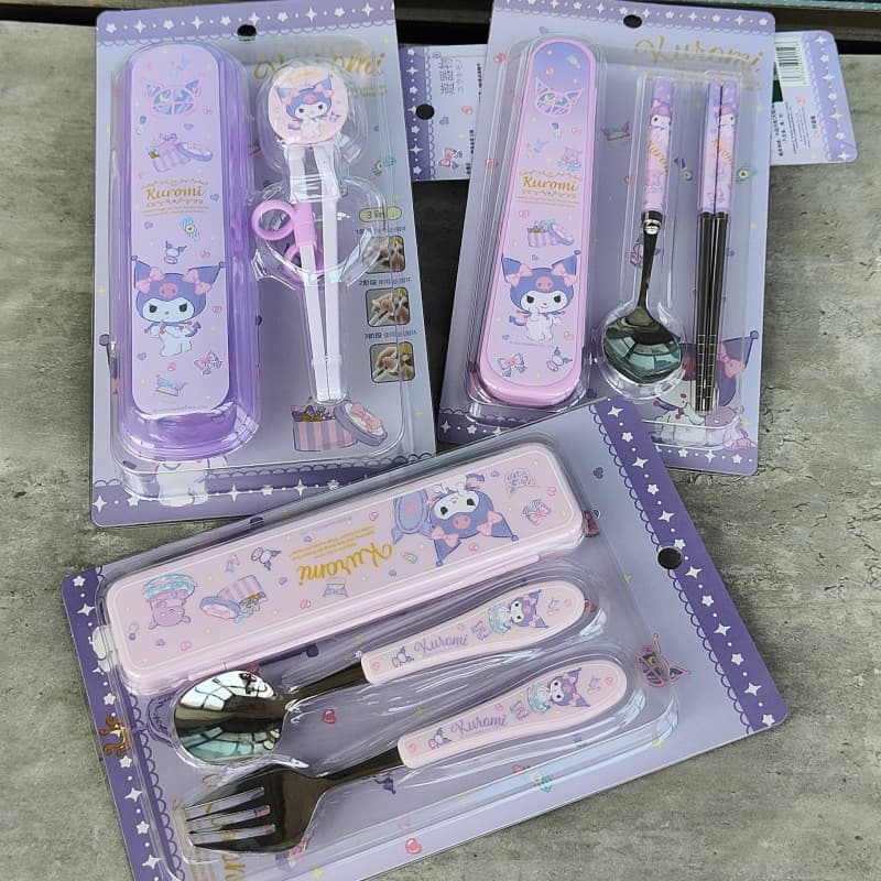 Sanrio Kuromi Children's Tableware Chopsticks Baby Auxiliary Food Practice Chopsticks 304 Stainless Steel Tableware Chopsticks Spoon Fork Box
