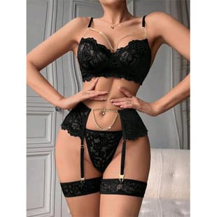 Cross-border Export European and American New Sexy Lingerie Women Lace Lingerie with Chain Garter Belt Set