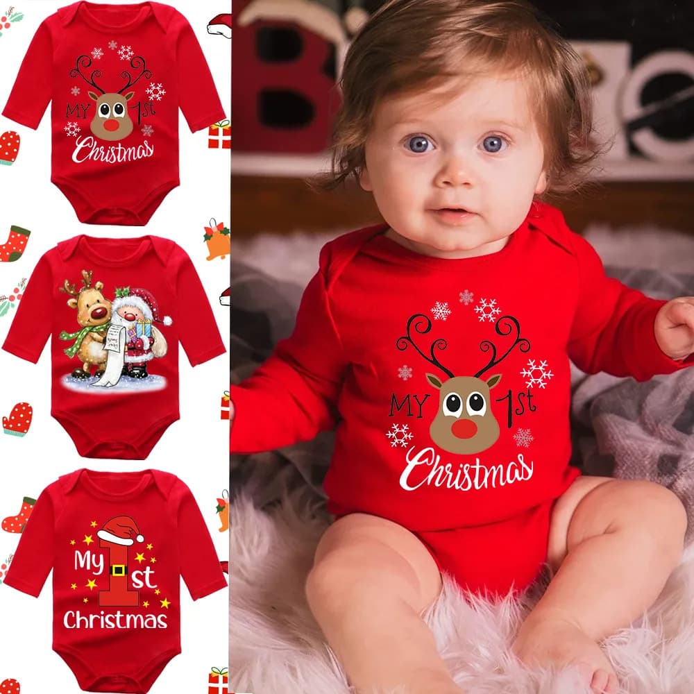 Christmas Bodysuit Red Christmas Elk Baby Newborn Onesie Long Sleeve Romper Suit