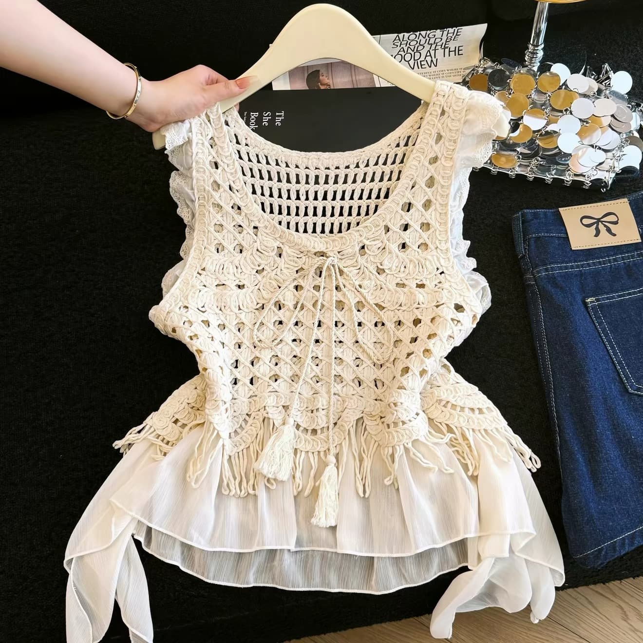 Bohemian Crochet Hollow Sleeveless Women's Summer Irregular Patchwork Lace Hem Stunning Top