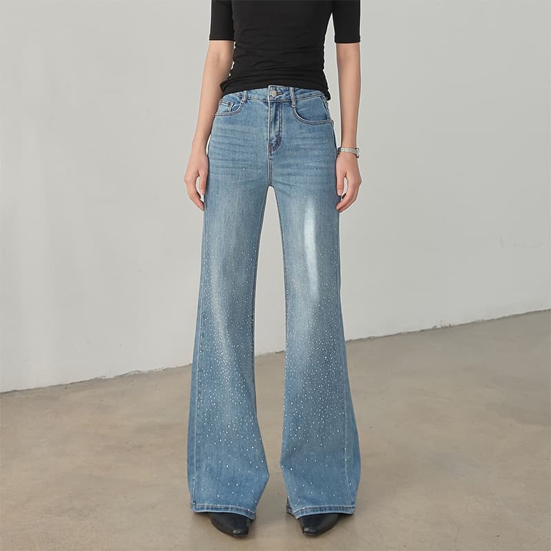 Starry Sky Sparkle Rhinestone Micro Flare Jeans for Women Spring New High Waist Loose Fit Slimming Floor-Length Pants