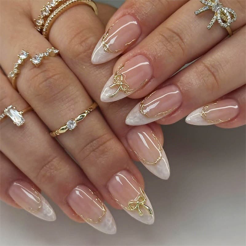 24pcs French Bow Wearable Nail Tips Gold Edge Line Gold Foil Exquisite Almond Nail Tips Wholesale