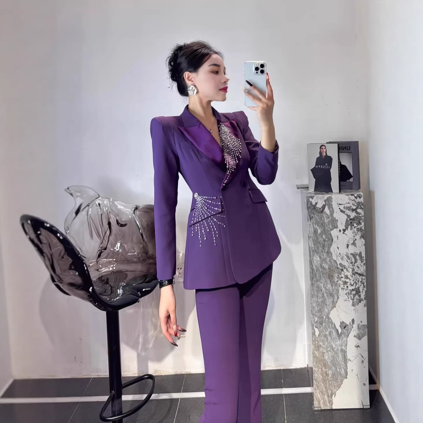 Nanyou 2026 High-End Chic Heavy Beaded Blazer + Flared Pants Suit Set Blazer + Pant