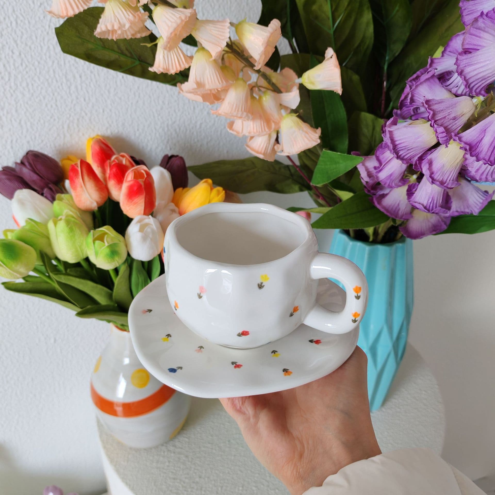 Hand-Painted Ins Internet-Famous Best-Seller Gift Underglaze Color Afternoon Tea Cup Heart Ceramic Coffee Cup and Saucer Set