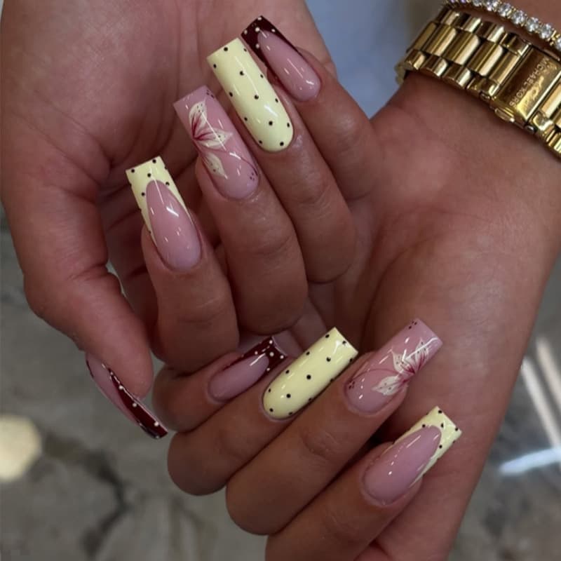 24pcs Long Press-On Nails for Cross-Border EU/US, Y2K Red-Yellow French Multicolor Polka Dot Minimalist Style, Wholesale