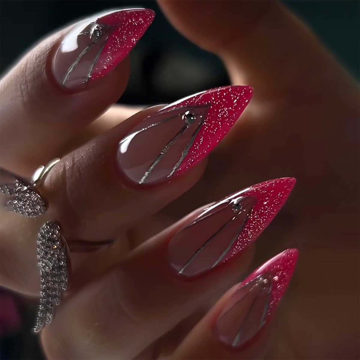French V-Shape Red Press-On Nails with Rhinestones and Glitter, Short Almond False Nails