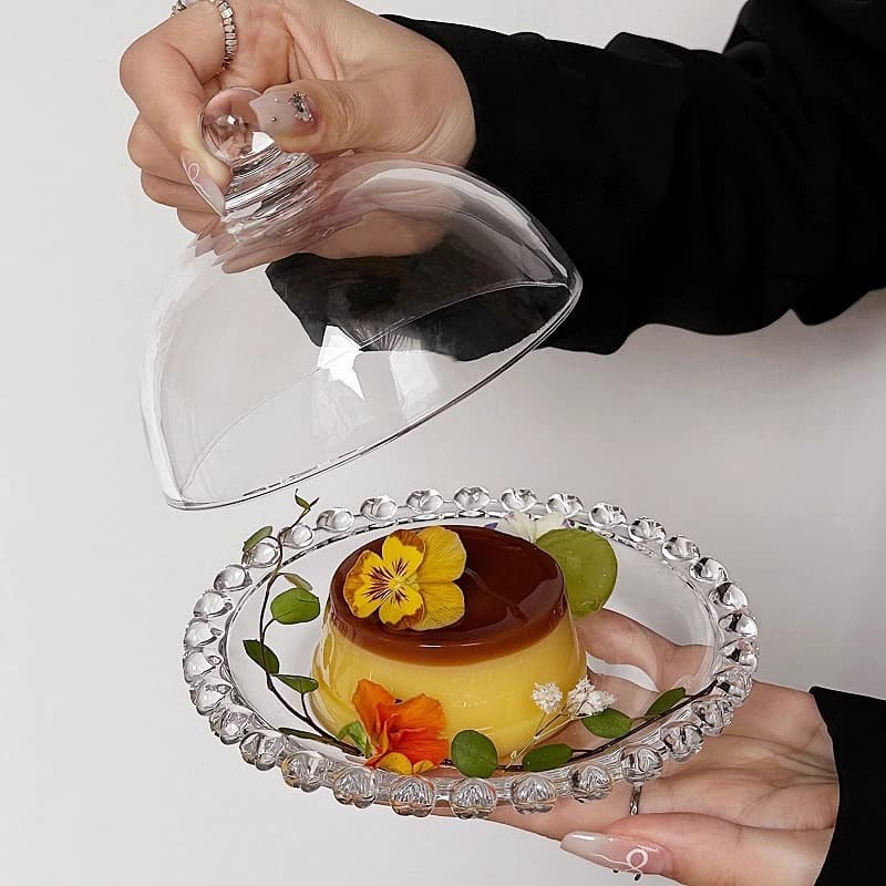 Japanese Ins Mini Striped Dessert Plate Set with Glass Dome Lid, Snack and Tea Plate