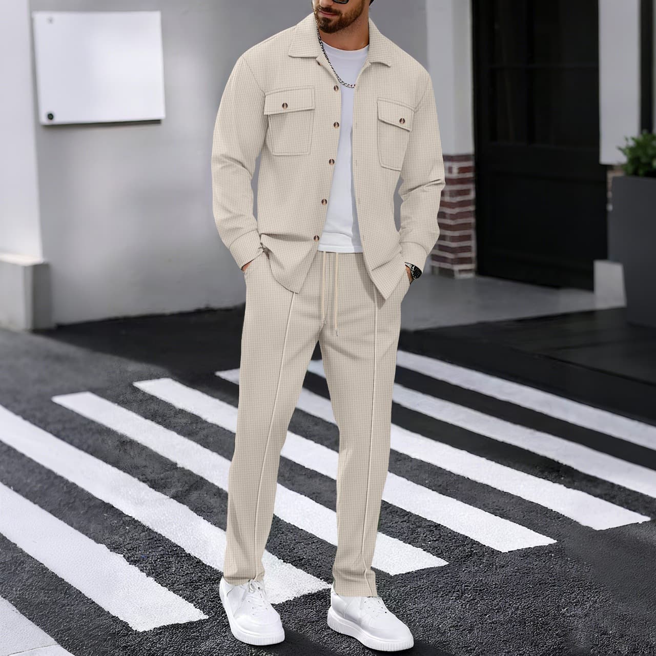 26 Cross-Border Amazon Hot Selling New Men's Lapel Double Pocket Top and Straight Leg Pants Two-Piece Set Men's Clothing
