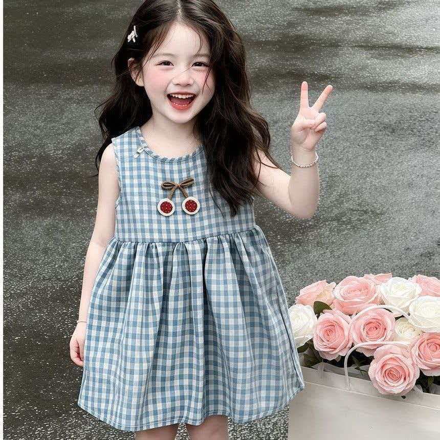 Girls 2026 Summer New Dress Baby Blue and White Check 3D Casual Plush Toy Fashionable Dress
