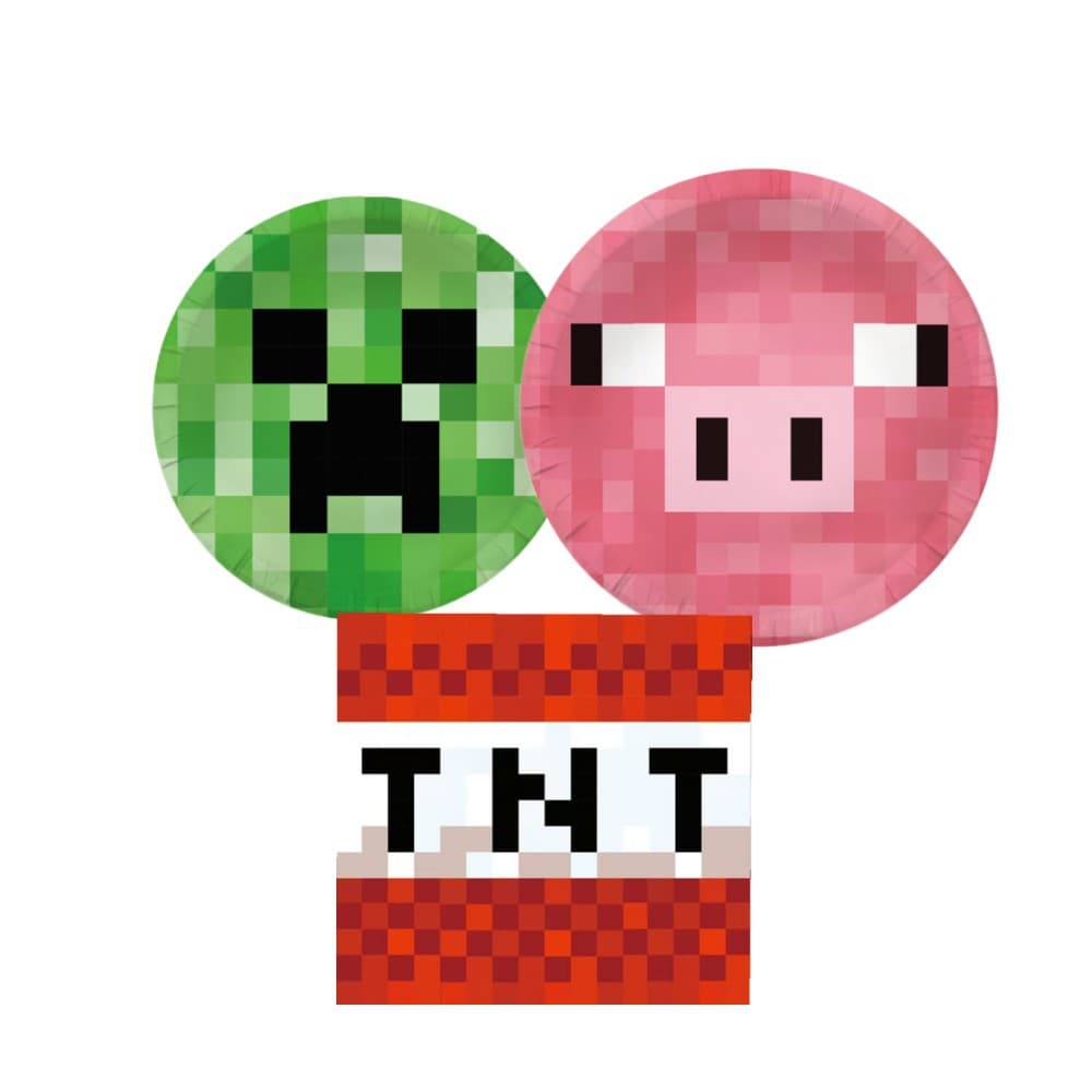 Minecraft-themed decorative tableware, pixel art style paper plates, paper cups, paper napkins, tablecloths, cake inserts, tablecloths.