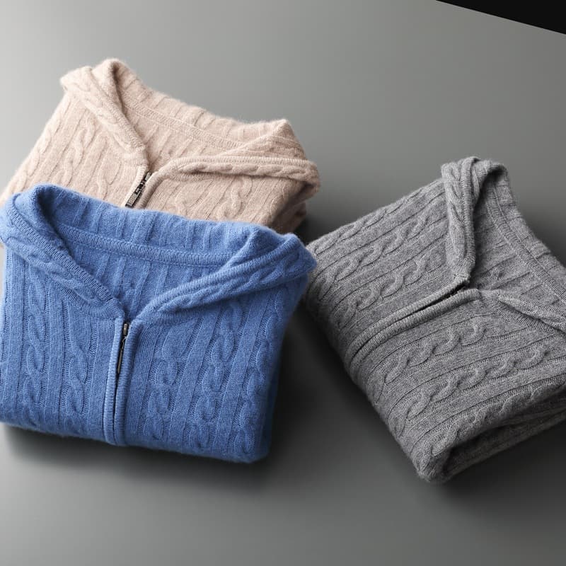 2024 Autumn/Winter New Cashmere Cardigan Men's Hooded Sweatshirt Loose Long Sleeve Thick Cable Knit Sweater Coat