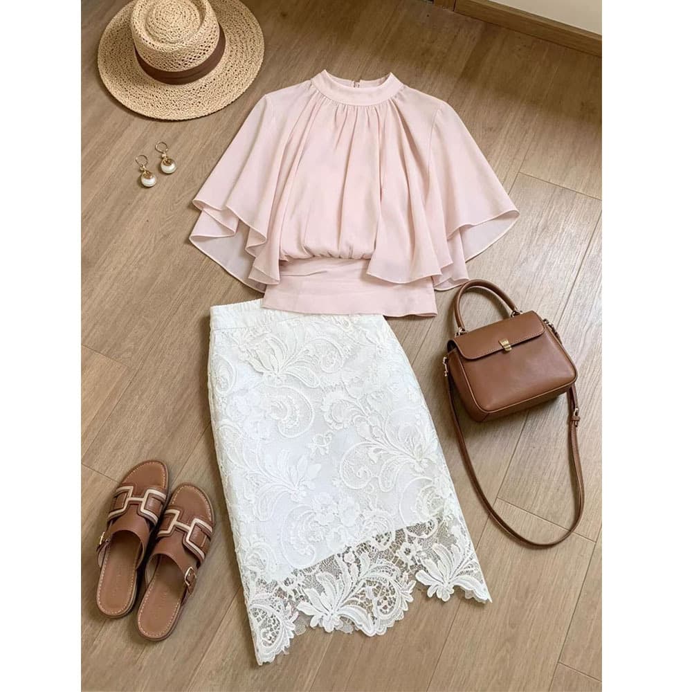 French Style Simple Commute Elegant Pink Blouse Two-Piece Skirt Set for Women 2026 Summer New Collection