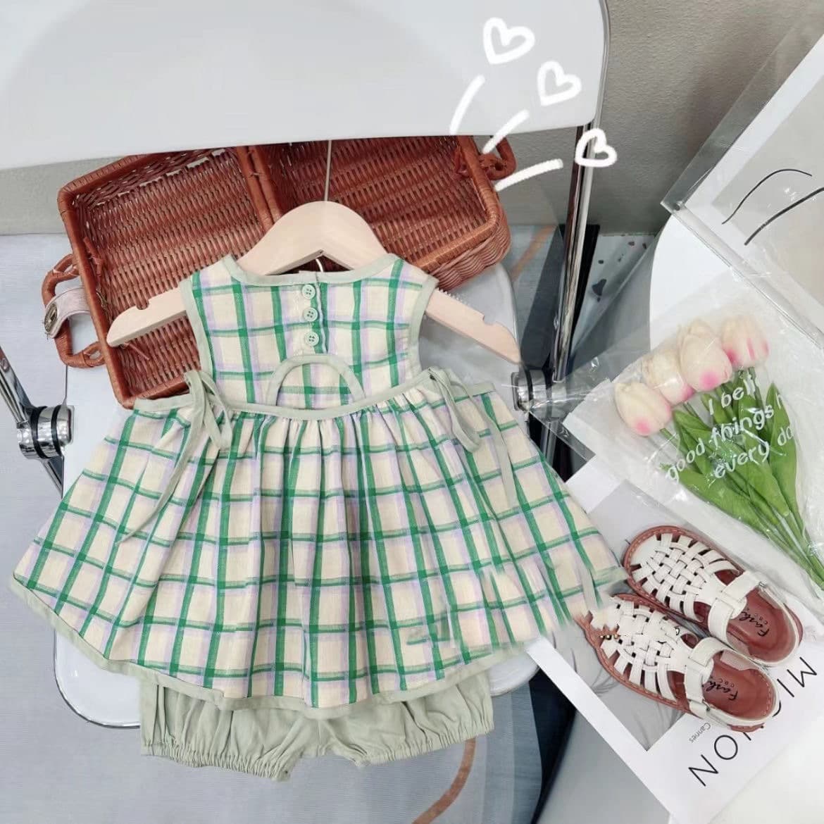 Girls Summer Plaid Set Green Fresh Color-Woven Check Doll Top Vest Dress Shorts Two-Piece Set